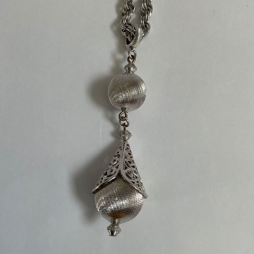 VTG Monet Bolero Silver Filigree Ball Tassel Necklace Rope Chain Book Piece MCM - Picture 5 of 12